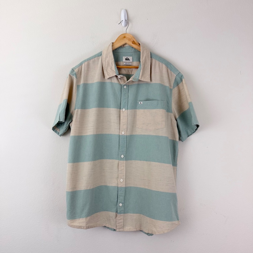 Quiksilver Mens XL Beachy Regular Fit SS Horizontal Striped Button Up Shirt